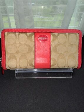 Coach Khaki Canvas Wallet with Red Trim